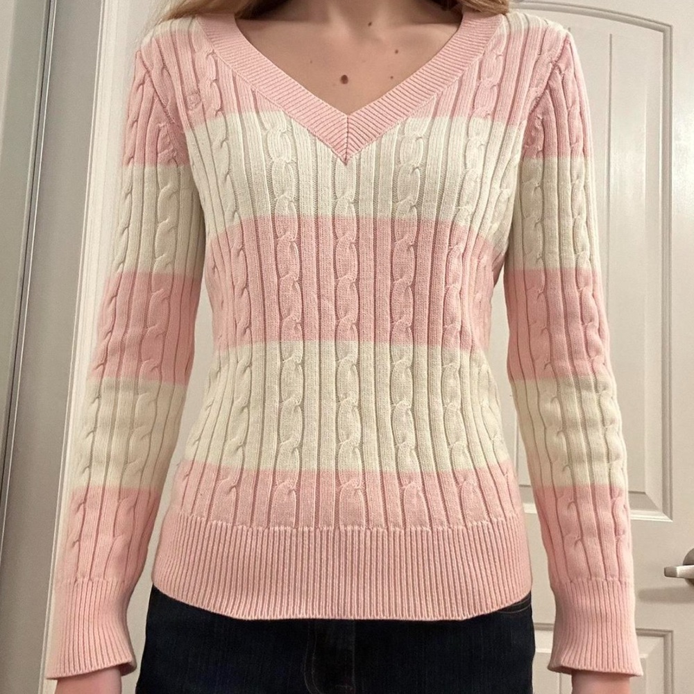 Chaps Pink and Cream V-Neck Cable Knit Sweater